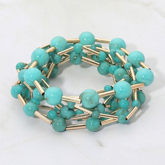 Jewelry - 7PCS - Resin Ball Metal Bar Beaded Stretch Multi Layered Bracelets